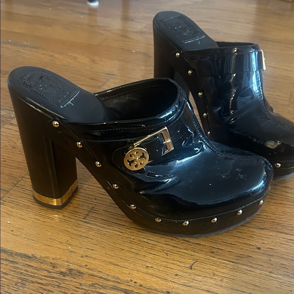 Tory Butch Black Patent Leather Clogs with Gold Accents